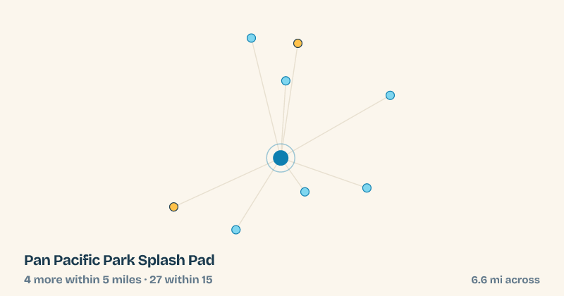 Map of Pan Pacific Park Splash Pad and the 27 other splash pads within 15 miles