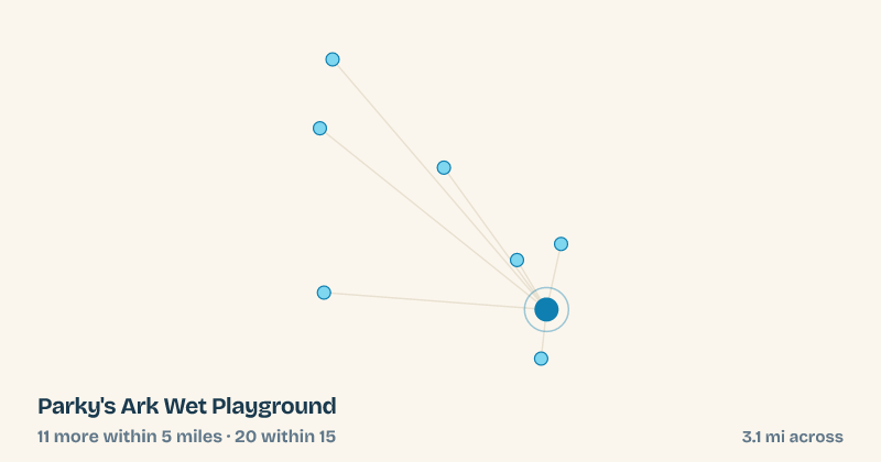 Map of Parky's Ark Wet Playground and the 20 other splash pads within 15 miles