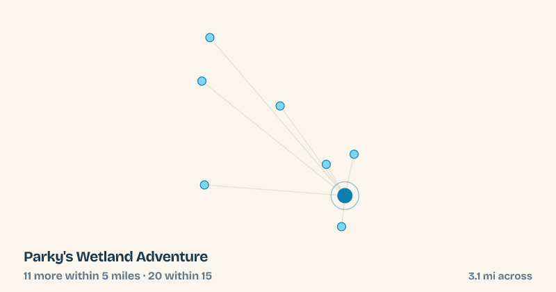 Map of Parky's Wetland Adventure and the 20 other splash pads within 15 miles