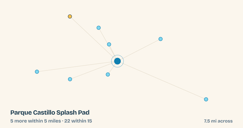 Map of Parque Castillo Splash Pad and the 22 other splash pads within 15 miles
