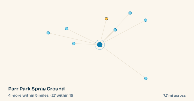 Map of Parr Park Spray Ground and the 27 other splash pads within 15 miles