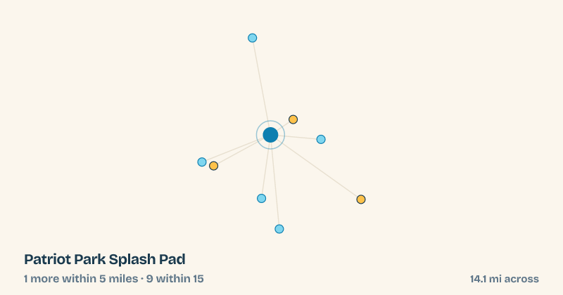 Map of Patriot Park Splash Pad and the 9 other splash pads within 15 miles