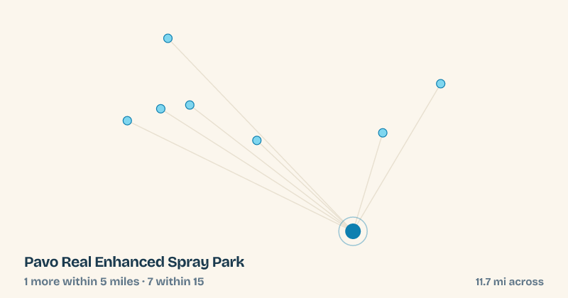 Map of Pavo Real Enhanced Spray Park and the 7 other splash pads within 15 miles