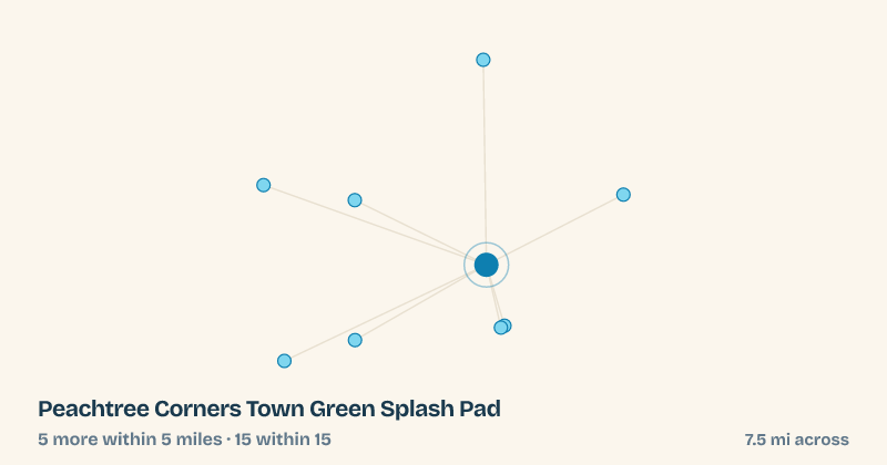 Map of Peachtree Corners Town Green Splash Pad and the 15 other splash pads within 15 miles
