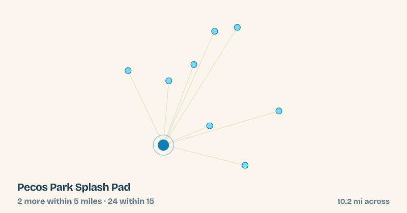 Map of Pecos Park Splash Pad and the 24 other splash pads within 15 miles