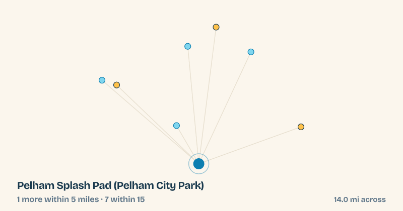 Map of Pelham Splash Pad (Pelham City Park) and the 7 other splash pads within 15 miles