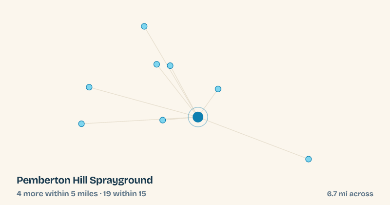 Map of Pemberton Hill Sprayground and the 19 other splash pads within 15 miles