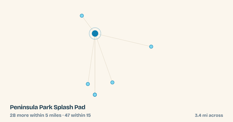Map of Peninsula Park Splash Pad and the 47 other splash pads within 15 miles