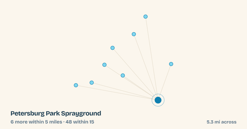Map of Petersburg Park Sprayground and the 48 other splash pads within 15 miles