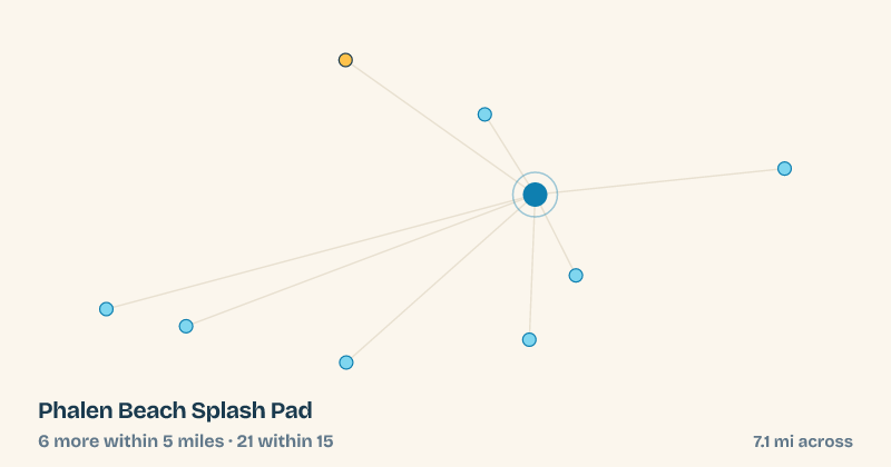 Map of Phalen Beach Splash Pad and the 21 other splash pads within 15 miles
