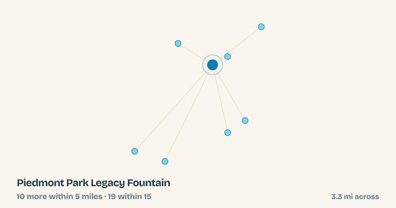 Map of Piedmont Park Legacy Fountain and the 19 other splash pads within 15 miles