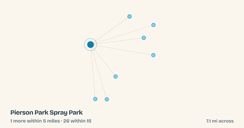 Map of Pierson Park Spray Park and the 26 other splash pads within 15 miles
