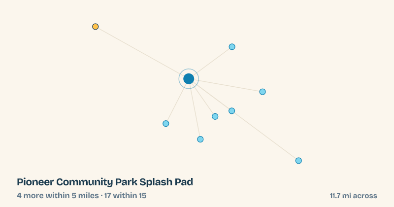 Map of Pioneer Community Park Splash Pad and the 17 other splash pads within 15 miles