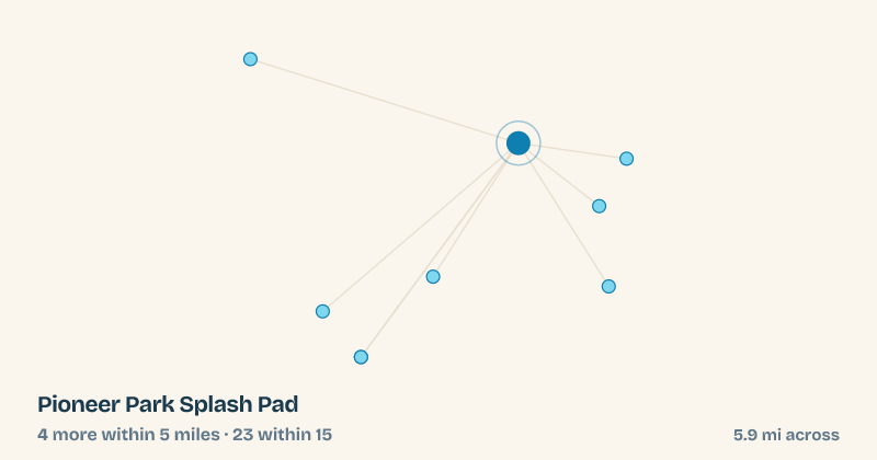 Map of Pioneer Park Splash Pad and the 23 other splash pads within 15 miles