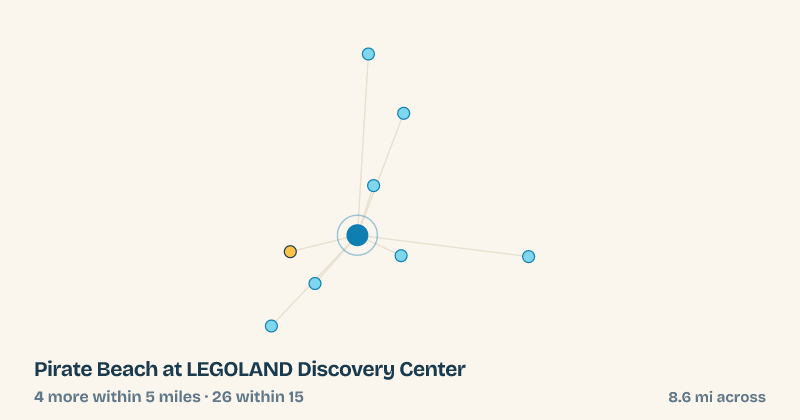 Map of Pirate Beach at LEGOLAND Discovery Center and the 26 other splash pads within 15 miles