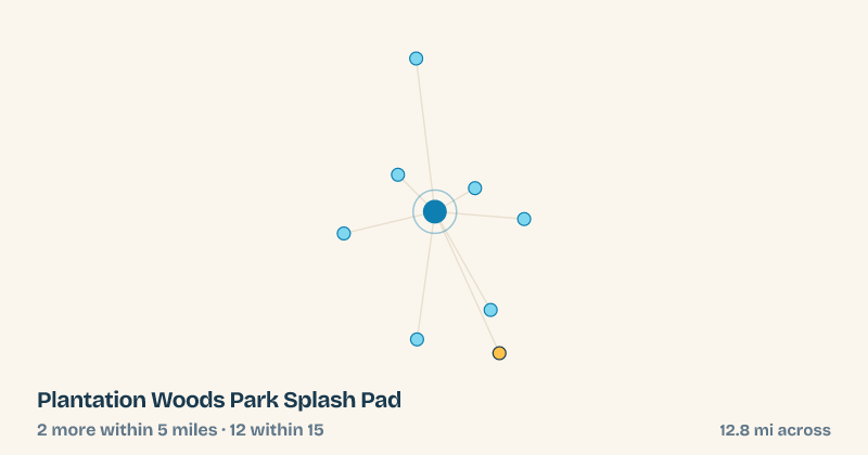 Map of Plantation Woods Park Splash Pad and the 12 other splash pads within 15 miles