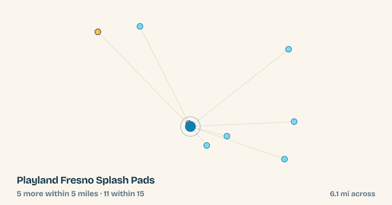 Map of Playland Fresno Splash Pads and the 11 other splash pads within 15 miles