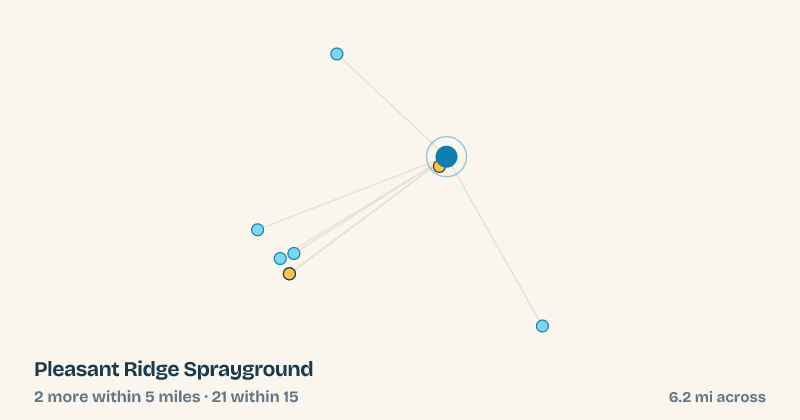 Map of Pleasant Ridge Sprayground and the 21 other splash pads within 15 miles