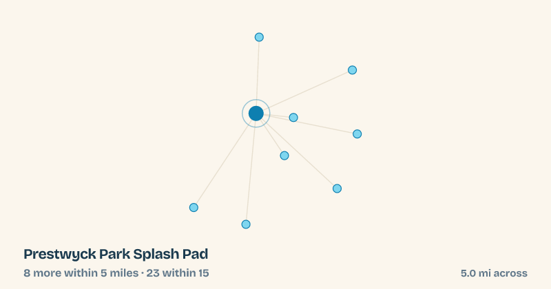 Map of Prestwyck Park Splash Pad and the 23 other splash pads within 15 miles
