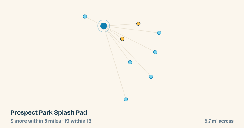 Map of Prospect Park Splash Pad and the 19 other splash pads within 15 miles