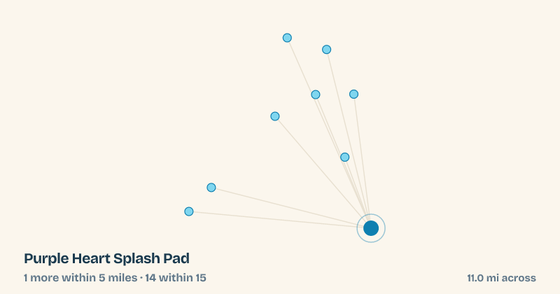 Map of Purple Heart Splash Pad and the 14 other splash pads within 15 miles