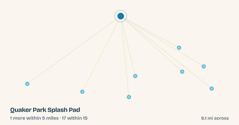 Map of Quaker Park Splash Pad and the 17 other splash pads within 15 miles