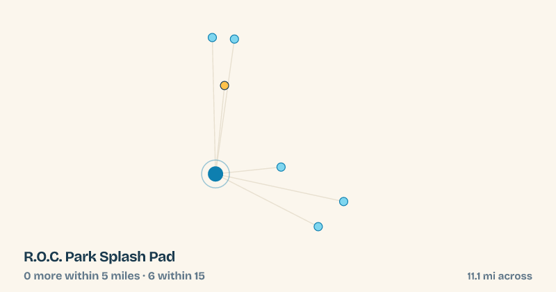 Map of R.O.C. Park Splash Pad and the 6 other splash pads within 15 miles