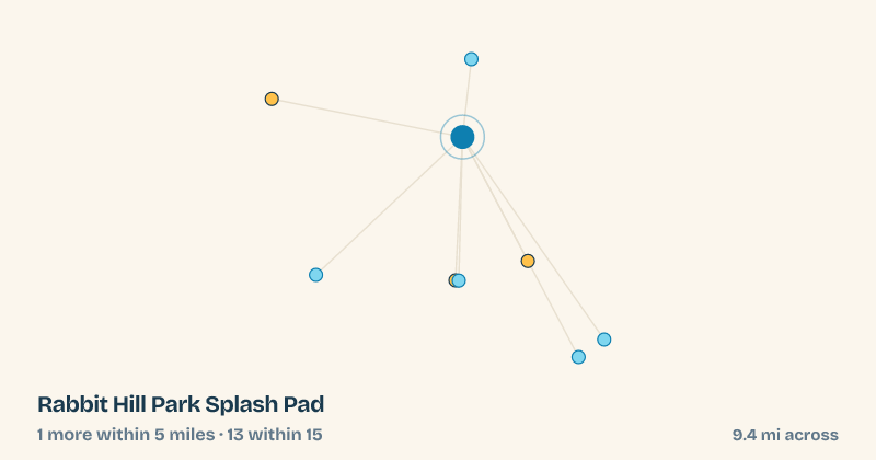 Map of Rabbit Hill Park Splash Pad and the 13 other splash pads within 15 miles