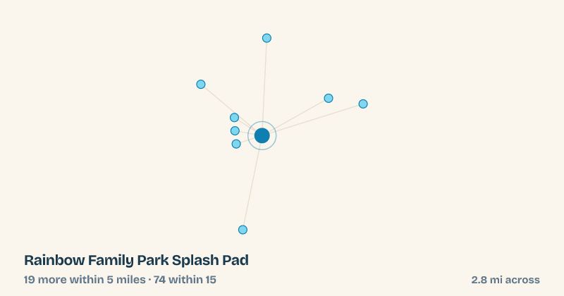 Map of Rainbow Family Park Splash Pad and the 74 other splash pads within 15 miles