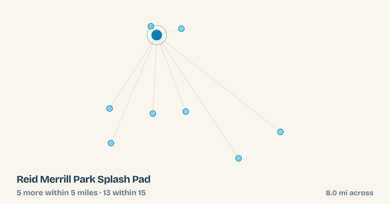 Map of Reid Merrill Park Splash Pad and the 13 other splash pads within 15 miles