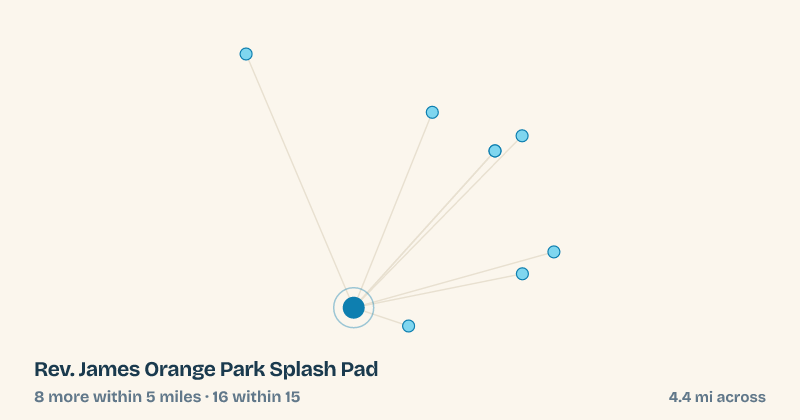 Map of Rev. James Orange Park Splash Pad and the 16 other splash pads within 15 miles