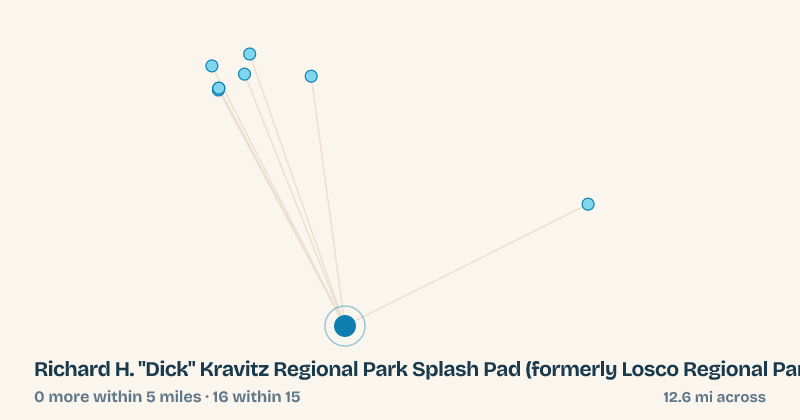 Map of Richard H. "Dick" Kravitz Regional Park Splash Pad (formerly Losco Regional Park) and the 16 other splash pads within 15 miles