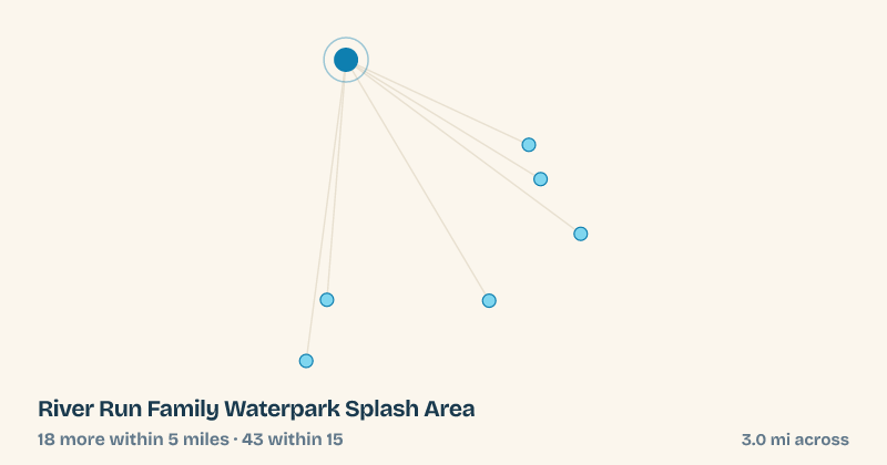 Map of River Run Family Waterpark Splash Area and the 43 other splash pads within 15 miles