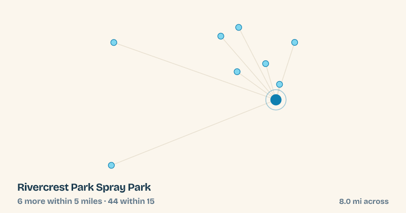 Map of Rivercrest Park Spray Park and the 44 other splash pads within 15 miles