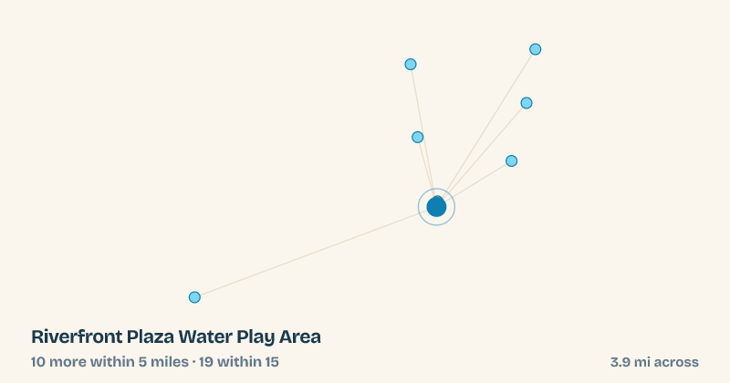 Map of Riverfront Plaza Water Play Area and the 19 other splash pads within 15 miles