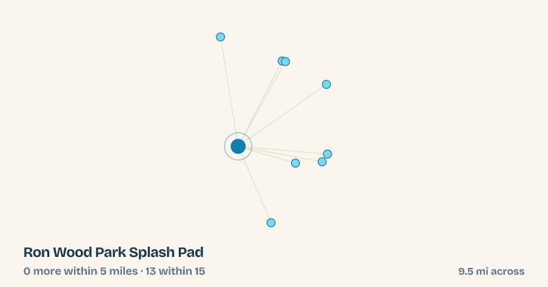 Map of Ron Wood Park Splash Pad and the 13 other splash pads within 15 miles