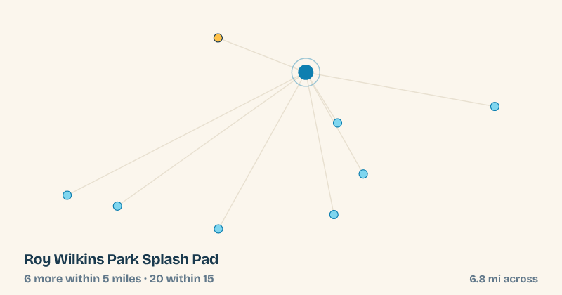 Map of Roy Wilkins Park Splash Pad and the 20 other splash pads within 15 miles