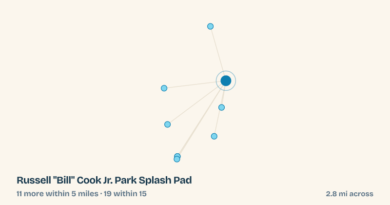 Map of Russell "Bill" Cook Jr. Park Splash Pad and the 19 other splash pads within 15 miles
