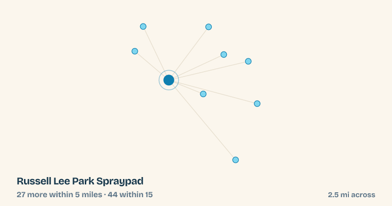 Map of Russell Lee Park Spraypad and the 44 other splash pads within 15 miles