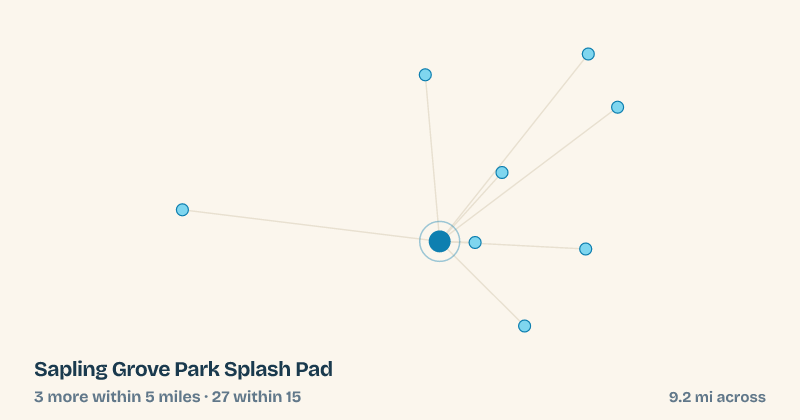 Map of Sapling Grove Park Splash Pad and the 27 other splash pads within 15 miles