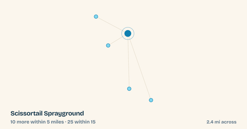 Map of Scissortail Sprayground and the 25 other splash pads within 15 miles