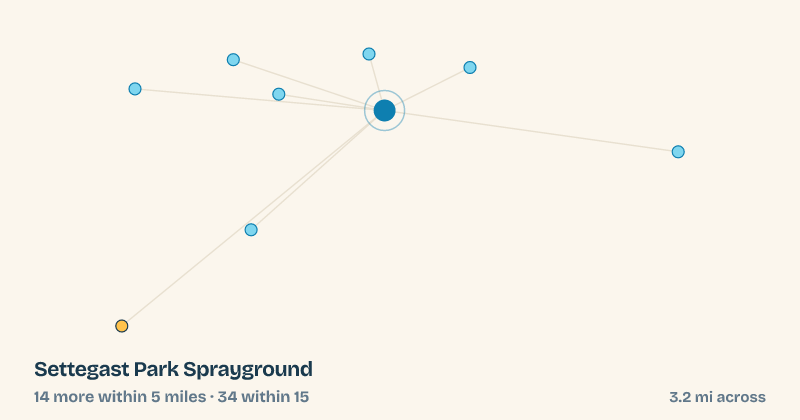 Map of Settegast Park Sprayground and the 34 other splash pads within 15 miles