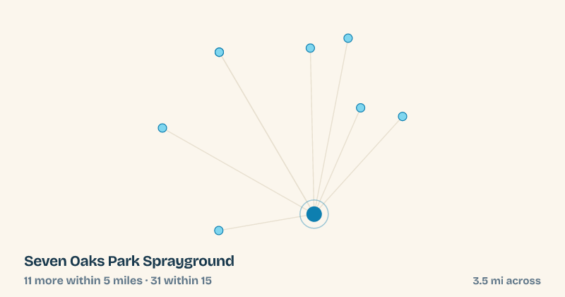 Map of Seven Oaks Park Sprayground and the 31 other splash pads within 15 miles