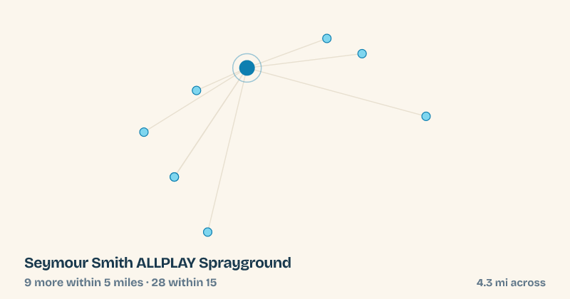 Map of Seymour Smith ALLPLAY Sprayground and the 28 other splash pads within 15 miles