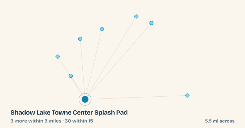 Map of Shadow Lake Towne Center Splash Pad and the 30 other splash pads within 15 miles