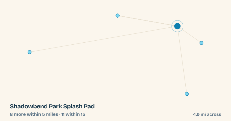 Map of Shadowbend Park Splash Pad and the 11 other splash pads within 15 miles