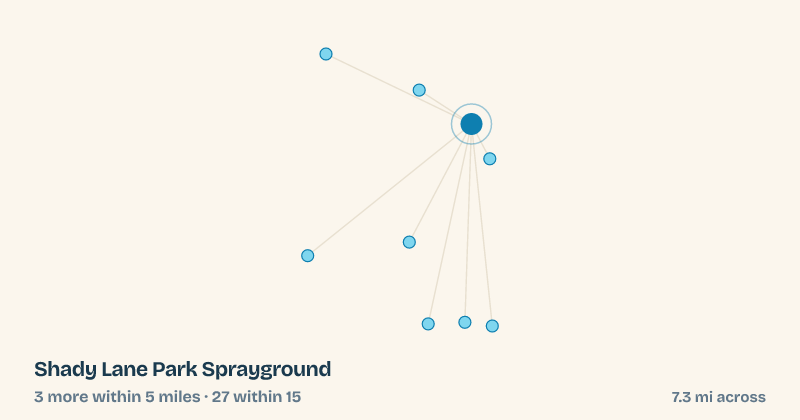 Map of Shady Lane Park Sprayground and the 27 other splash pads within 15 miles