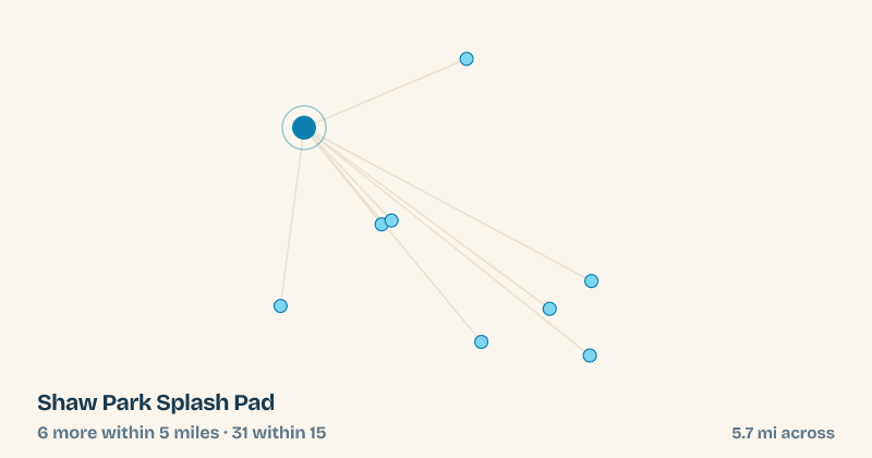 Map of Shaw Park Splash Pad and the 31 other splash pads within 15 miles