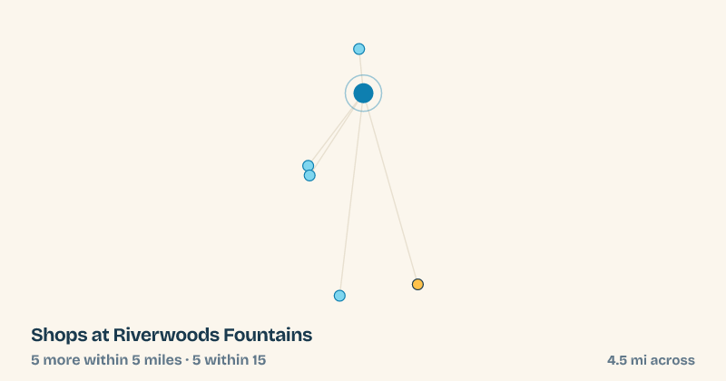 Map of Shops at Riverwoods Fountains and the 5 other splash pads within 15 miles