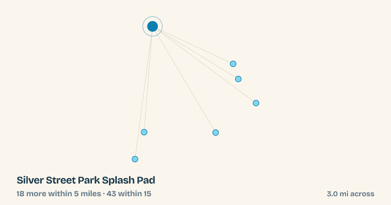 Map of Silver Street Park Splash Pad and the 43 other splash pads within 15 miles